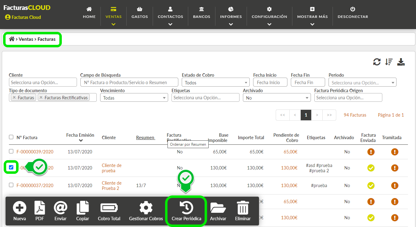 Acceso facturas periódicas desde opción de menú