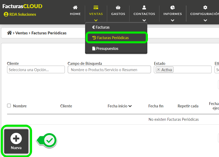 Acceso facturas periódicas desde opción de menú
