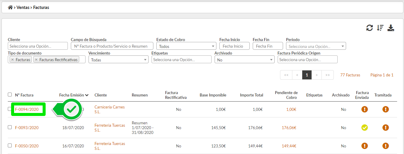 Acceso formulario de edición de factura