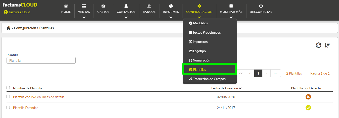 Acceso opción de menú plantillas