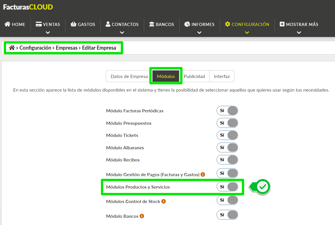 Activación módulo de productos y servicios