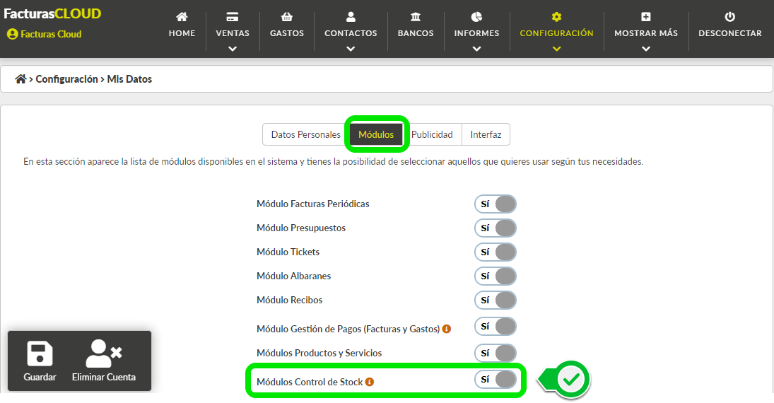 Activación módulo control de stock