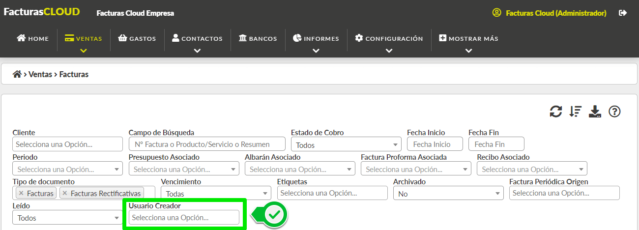 Filtro usuario creador