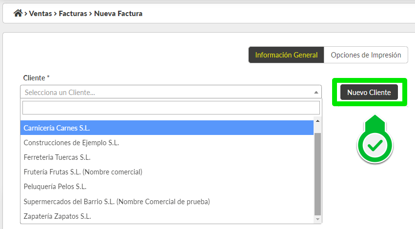 Selección de clientes en formulario de facturas