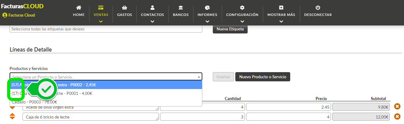 Formulario de alta o modificación con productos o servicios con stock activado