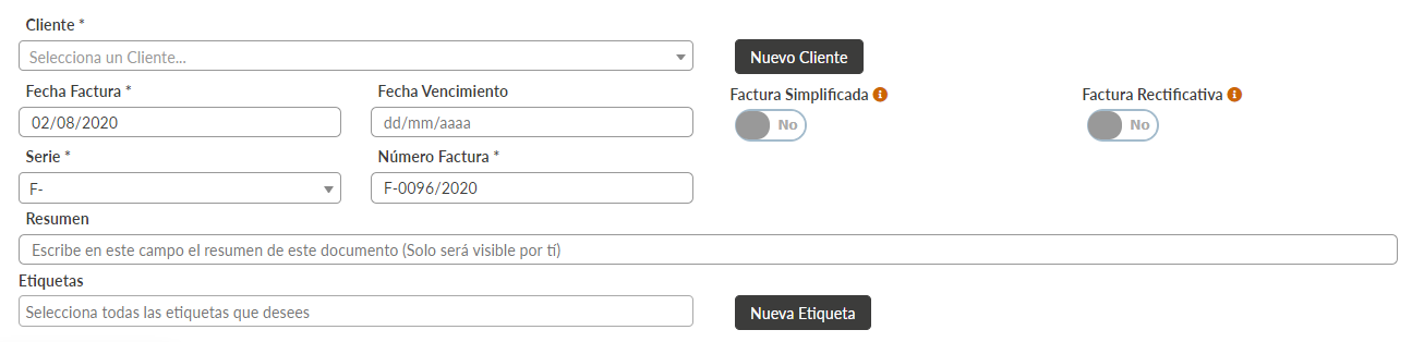 Información general en formulario de facturas