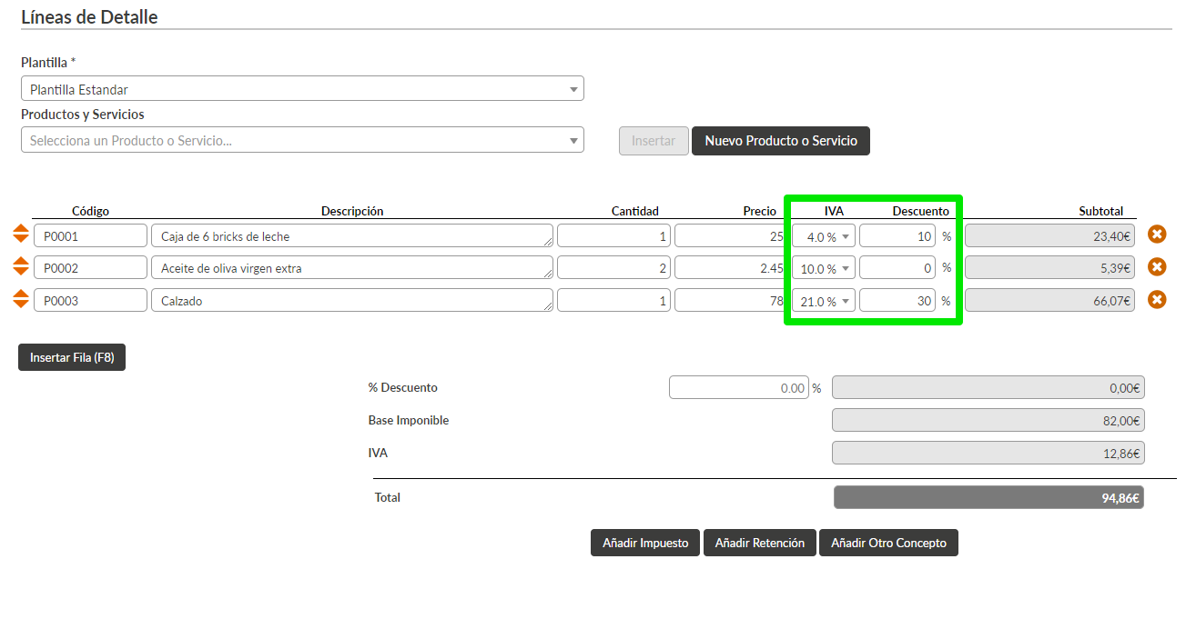 Líneas de detalle en formulario de facturas con distinto IVA