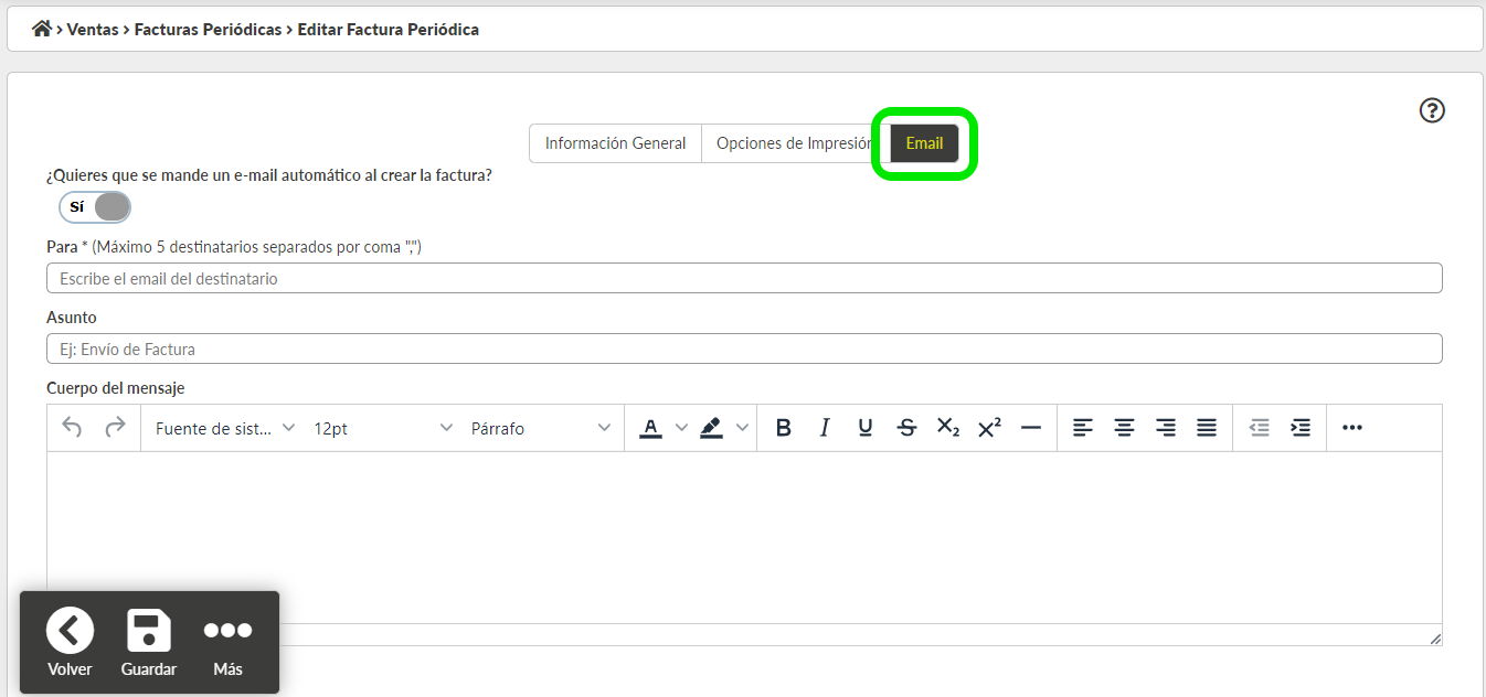 Formulario alta de factura periódica pestaña Email