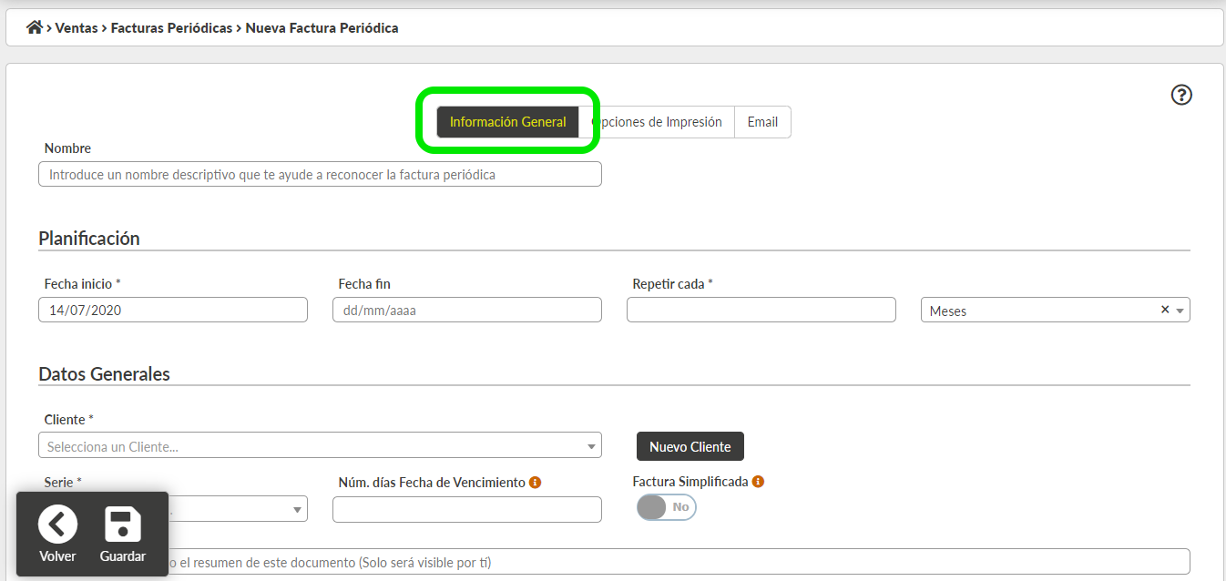 Formulario alta de factura periódica pestaña Información General
