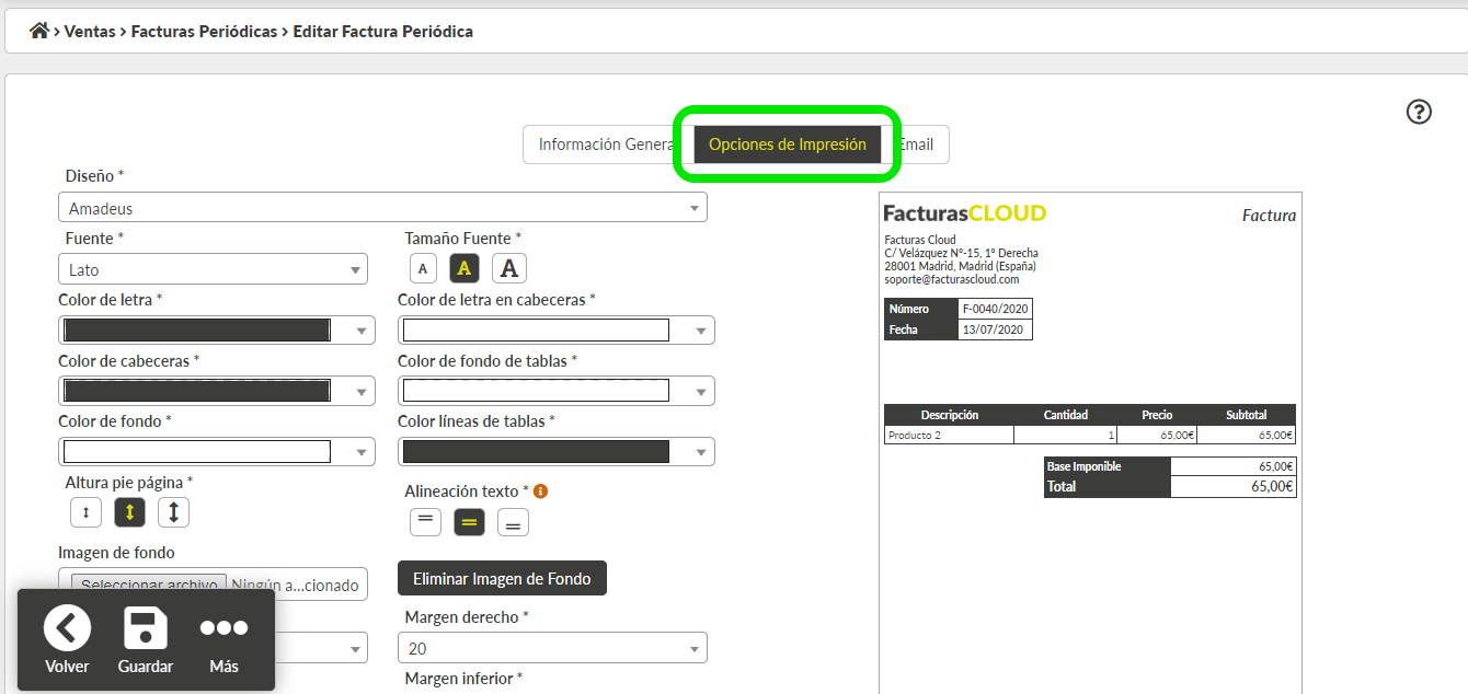 Formulario alta de factura periódica pestaña Opciones de Impresión