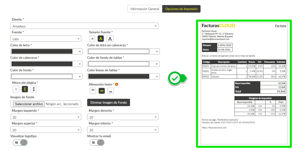 Previsualización formulario de facturas