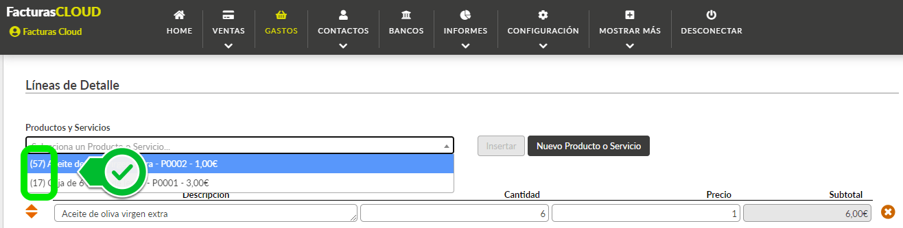 Formulario de alta o modificación con productos o servicios con stock activado