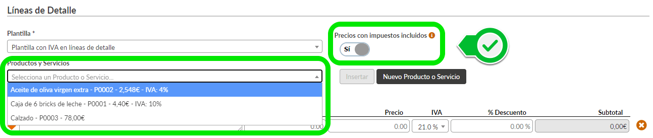 Formulario alta de documento con productos y servicios. Precio bruto y neto