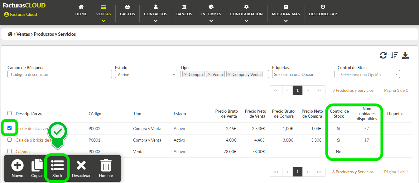 Listado control de stock