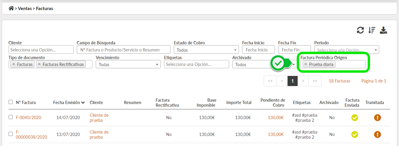 Listado de facturas con filtro de factura periódica original aplicado