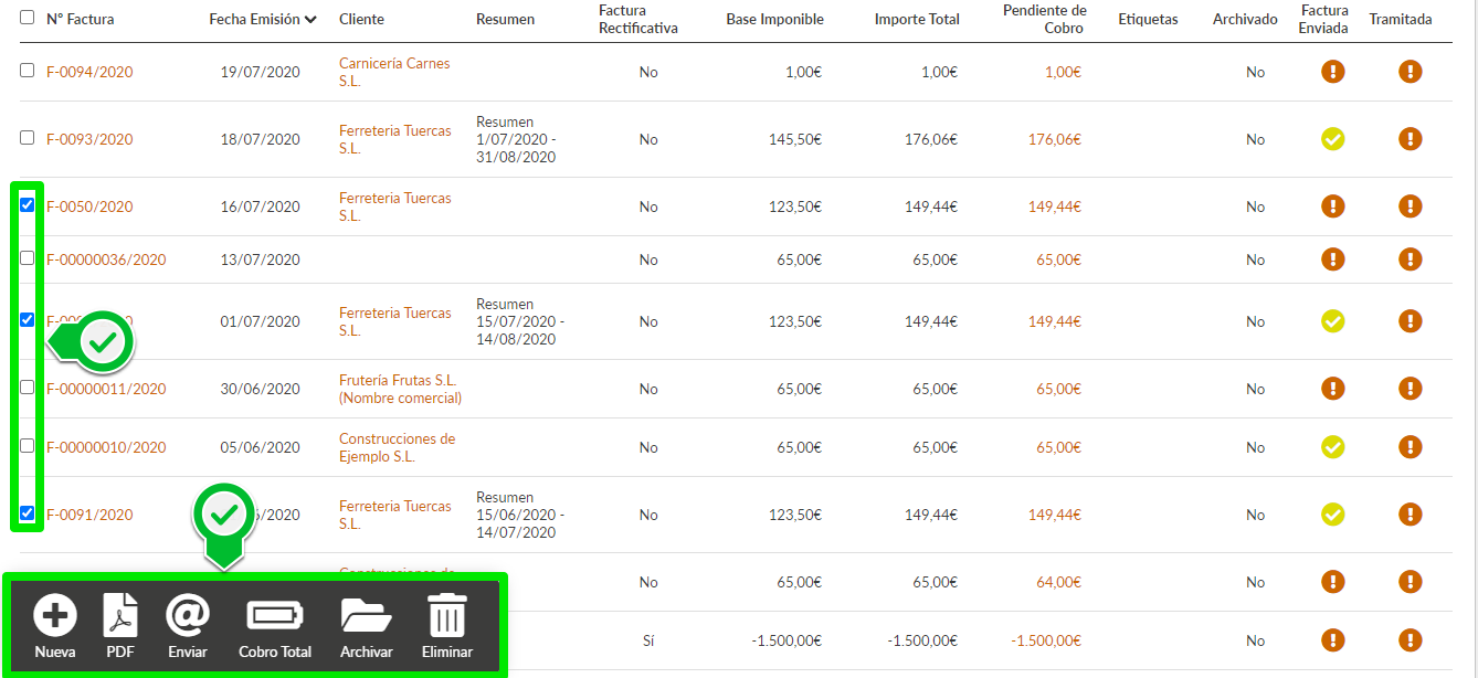Operaciones masivas listado de facturas