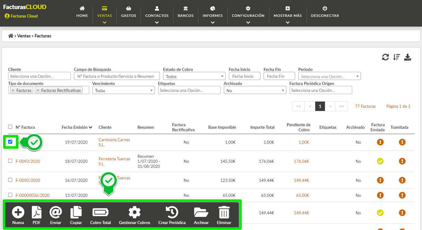 Operaciones listado de facturas