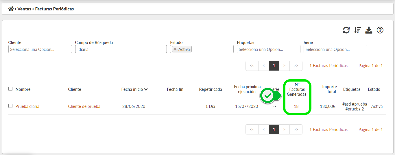 Facturas generadas en listado de facturas periódicas