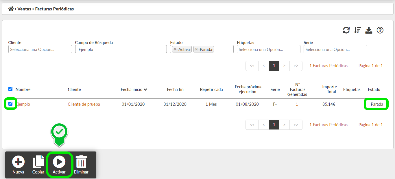 Activar una factura periódica desde el listado