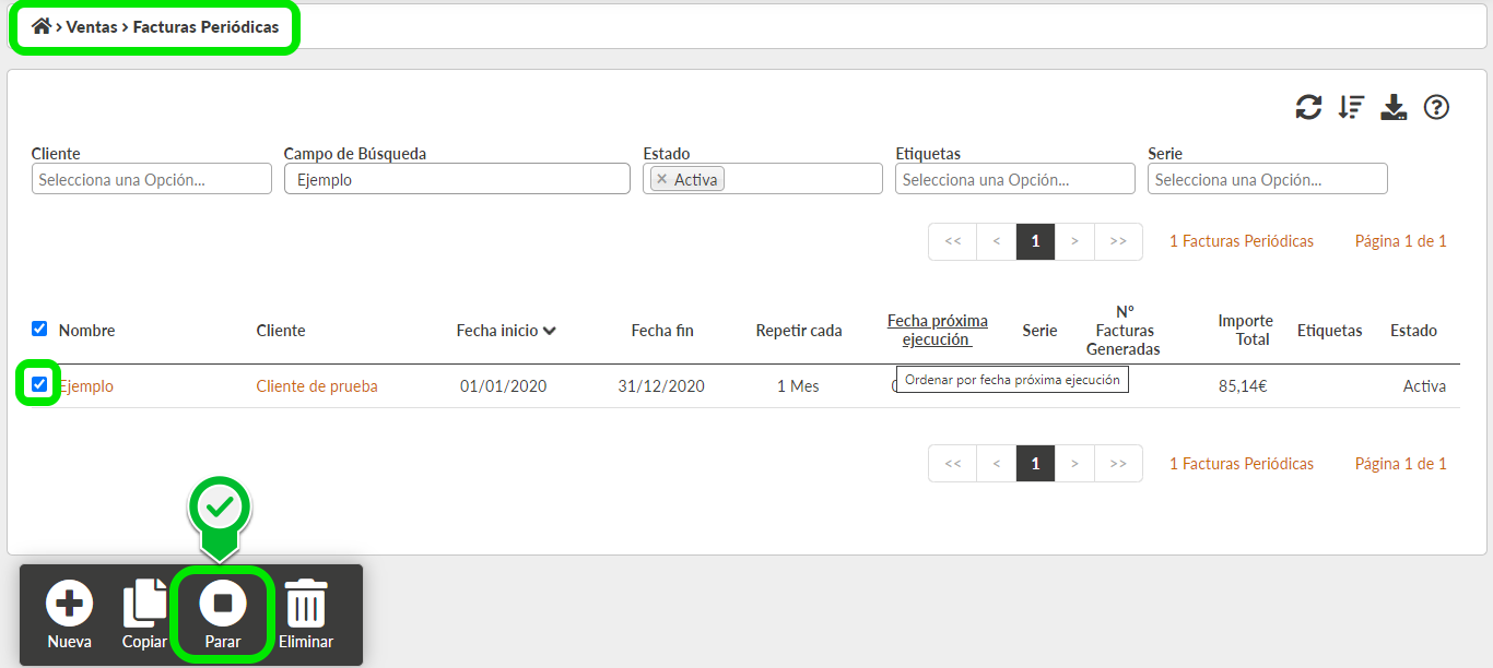 Parar una factura periódica desde el listado
