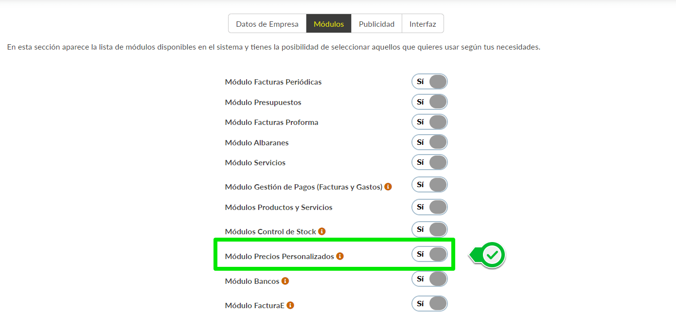 Módulo precios personalizados