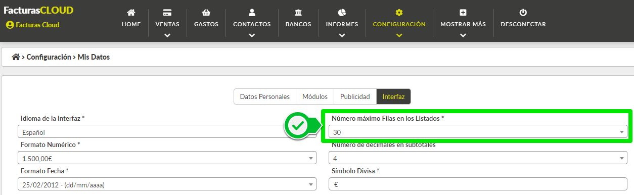 Número máximo de filas en los listados