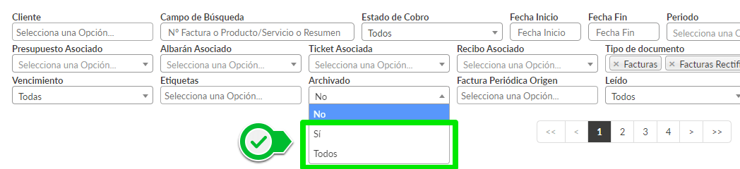 Opciones filtro archivado